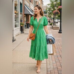 LOFT Petite Green Tiered Midi
Dress Puff Sleeves Side Zip
